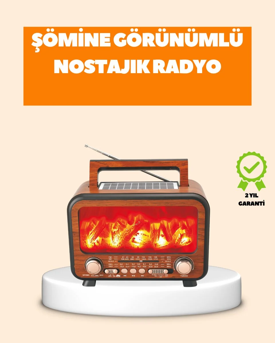 Şömine Alev Işıklı Solar Bluetooth Hoparlör – 7W Güçlü Ses FM Radyo