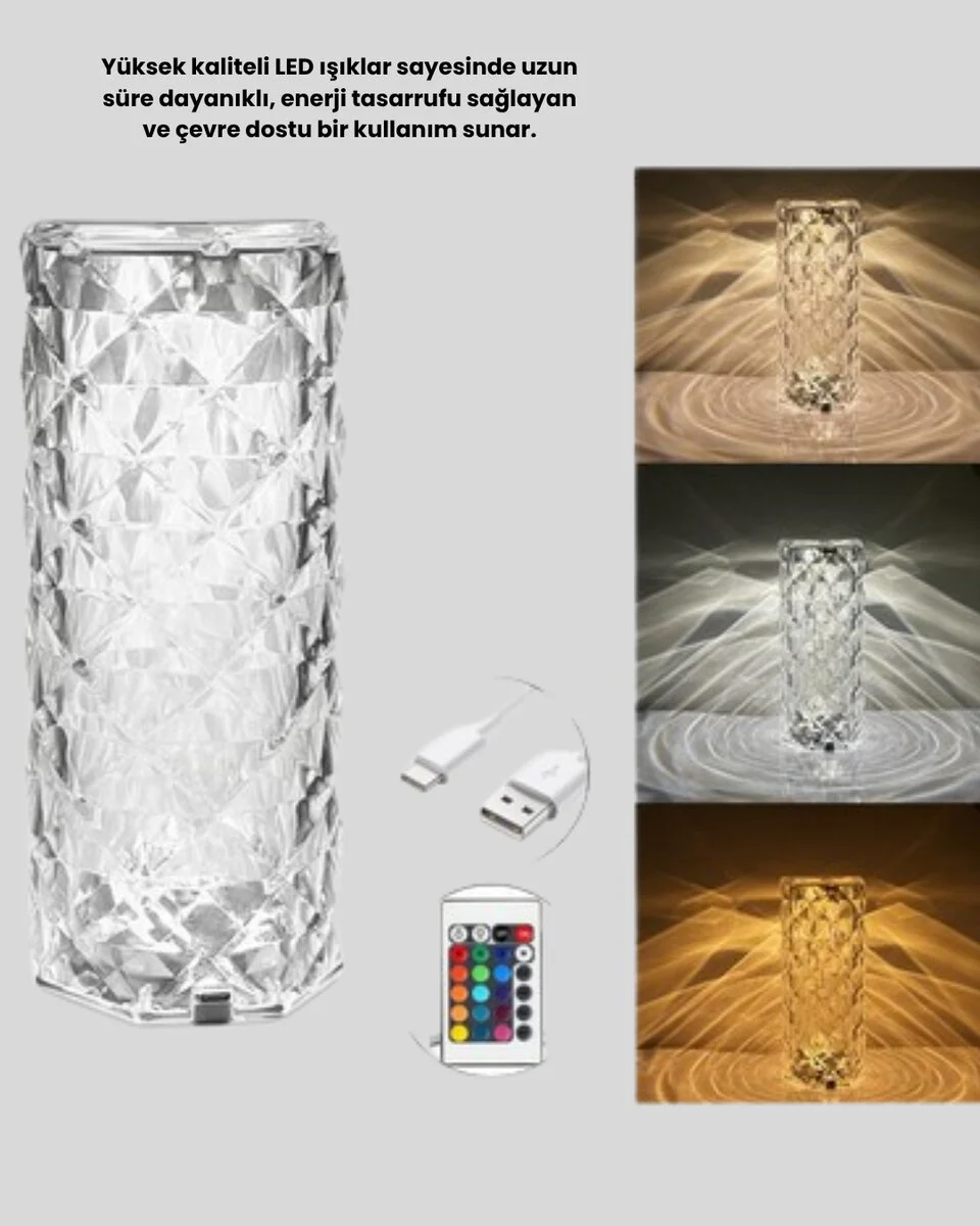 Kristal RGB LED’li Kumandalı Masa ve Gece Lambası – Renkli Işık Modlarıyla Şık Dekoratif Aydınlatma