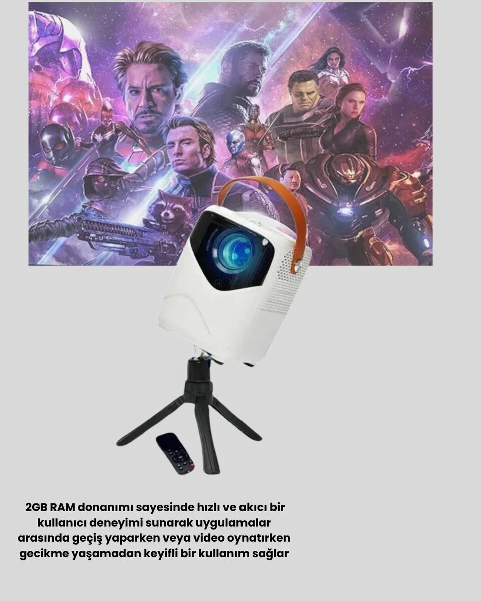 Taşınabilir Akıllı 1080P Projektör – 64GB Hafıza 2GB RAM Full HD Görüntü Kumandalı