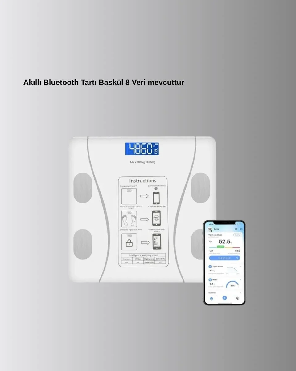 Akıllı Dijital Baskül – Bluetooth Bağlantılı 8 Ölçüm Verili Akıllı Vücut Analiz Tartısı