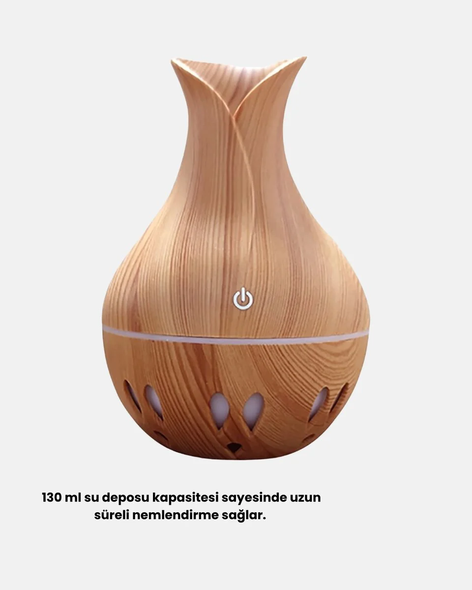 Ahşap Desenli Aromaterapi Difüzör 130 ml Ultrasonik ve 7 Renk LED Işıklı
