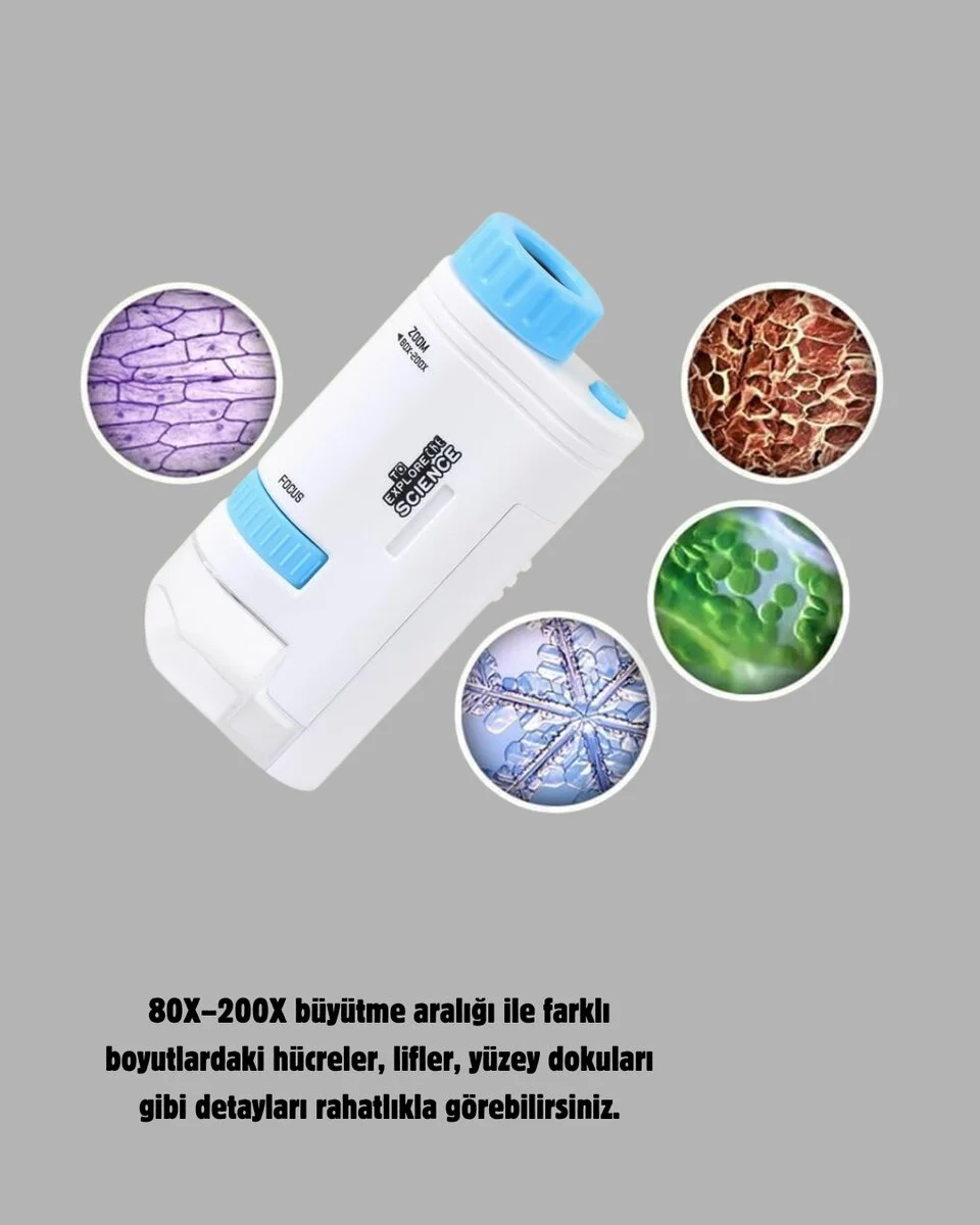 Taşınabilir Mini Mikroskop LED Işıklı 80X–200X Büyütmeli ve Odak Ayarlı