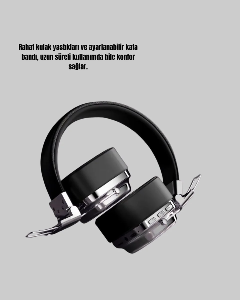 Kablosuz Kulak Üstü Bluetooth Kulaklık Güçlü Bas ve Katlanabilir Tasarım