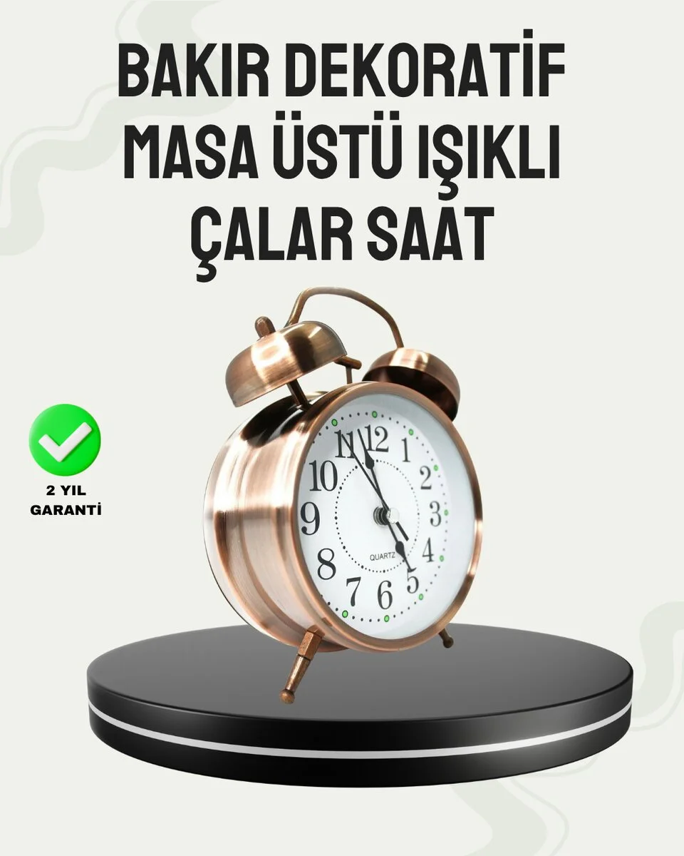 Nostaljik Büyük Boy Metal Masa Saati Bronz Kaplama ve Yüksek Sesli Alarm