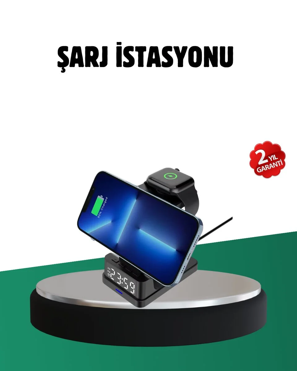 Kablosuz Şarjlı Dijital Masa Saati – 3 Parlaklık Seviyeli LED Hızlı Şarj Apple Uyumlu