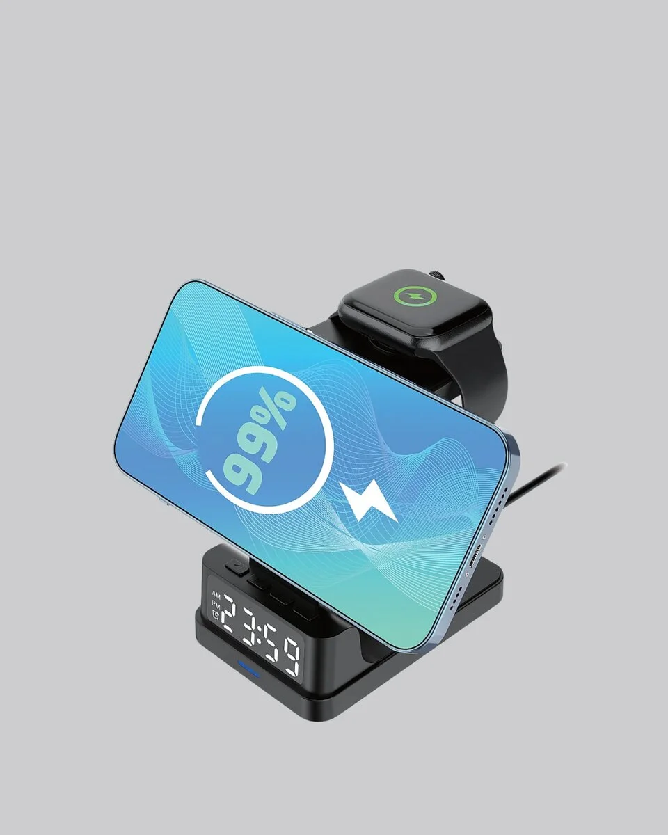 Kablosuz Şarj Cihazı ve Dijital Saat – 4’ü 1 Arada Hızlı Şarj Apple Uyumlu LED Işıklı Tasarım