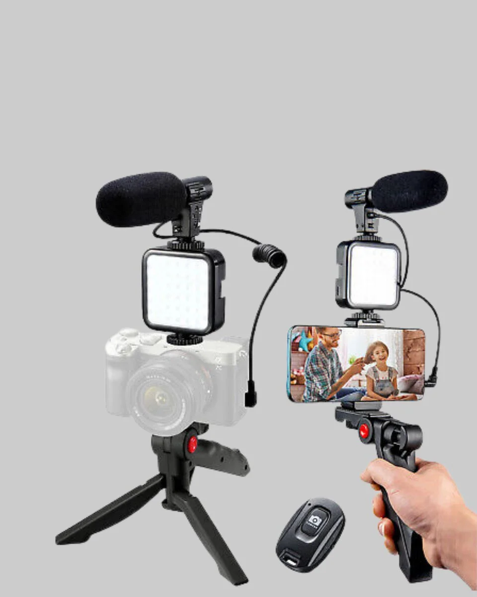 Telefon Video Çekim Kiti LED Aydınlatma Mikrofon Tripodlu Tam Set