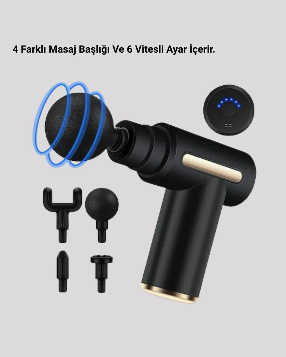 Derin Doku Masaj Tabancası 4 Başlık 6 Kademeli Sessiz Güç Şarjlı Kas Gevşetici