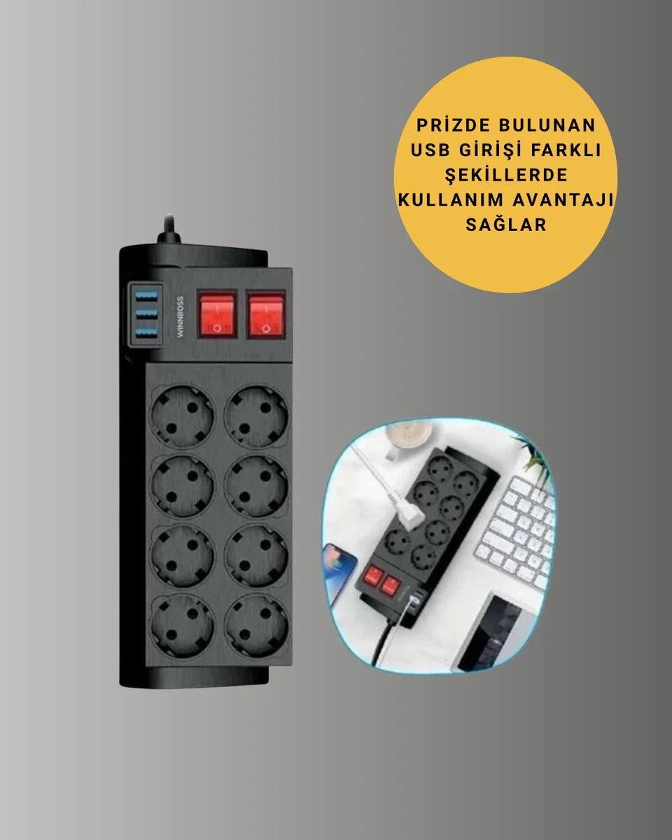 2 Metre Güçlü Çoklu Priz 8 Soket