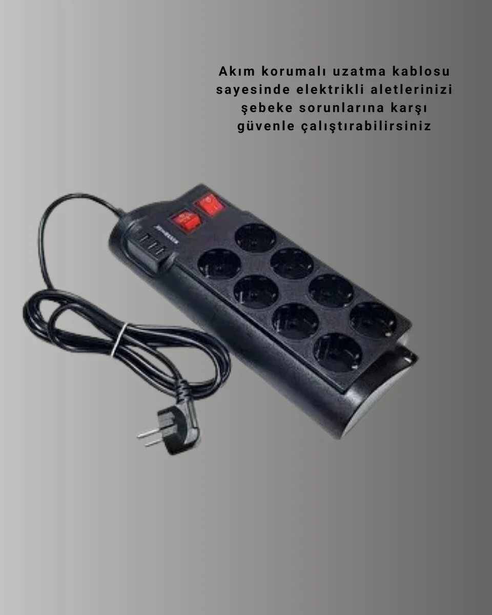 Termal Korumalı 8 Prizli 3 USB’li Uzatma Kablosu