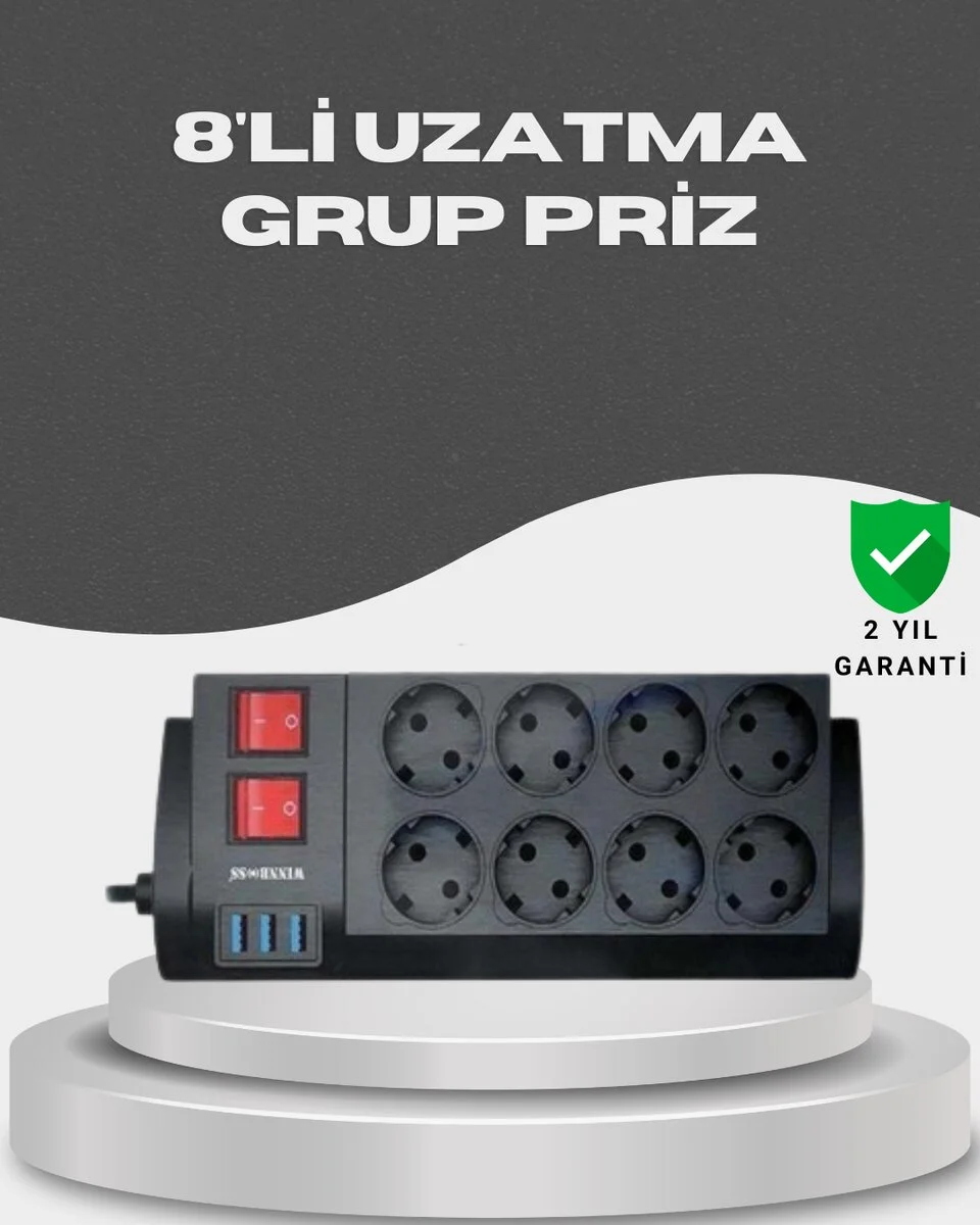 Akım Korumalı 8’li Priz 3 USB’li Uzatma Kablosu Isıya Dayanıklı 2 Metre