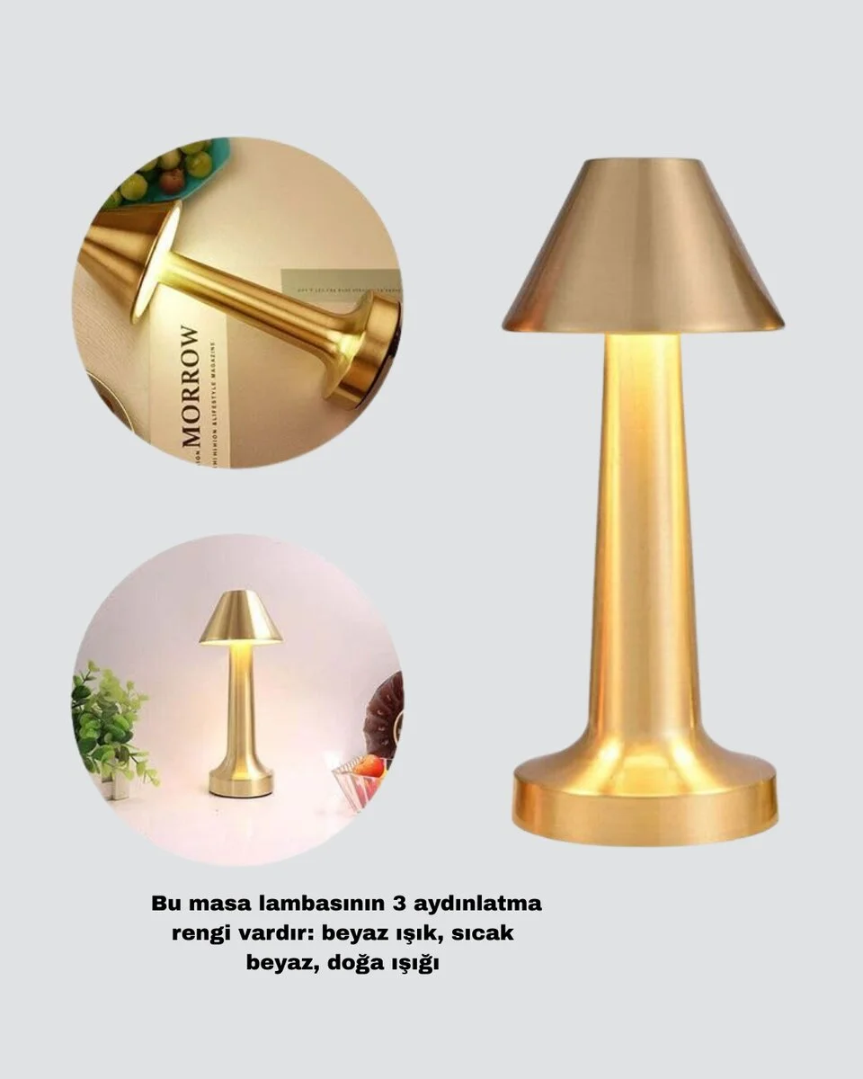 LED Masa Lambası 3 Renk Ayarlı Şarjlı Kablosuz Modern Tasarım