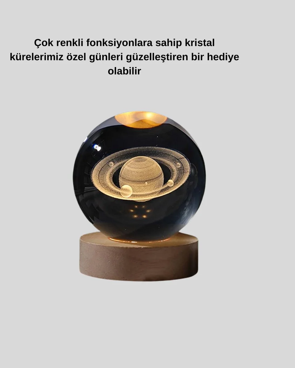 Satürn Gezegenli Kristal Küre LED Lamba USB’li Ahşap Standlı