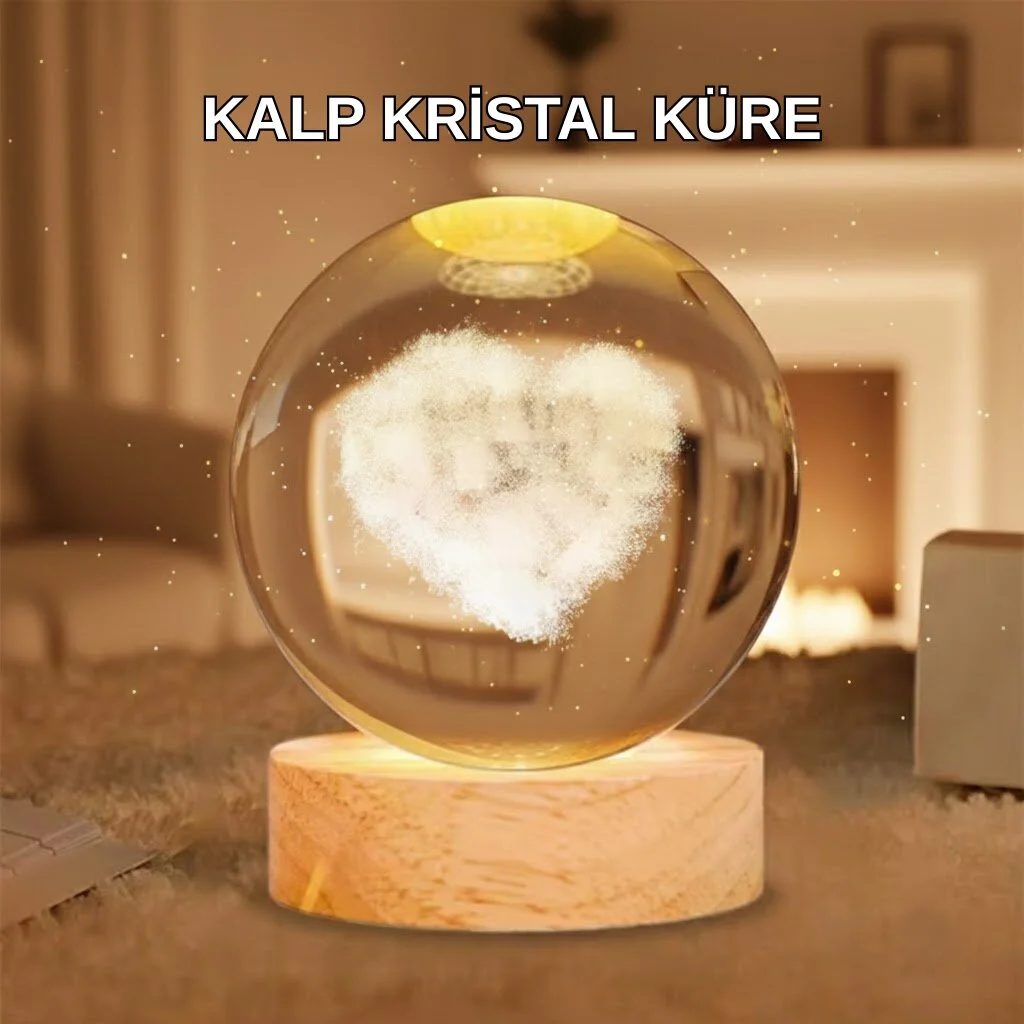 Ahşap Standlı Kalp Motifli Işıklı Cam Küre Hediye Seçeneği