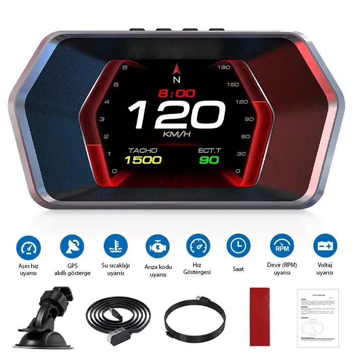 Ally P17 HUD OBD2 & GPS Çift Sistemli Araç Bilgisayarı | Dijital Kilometre Su ve Yağ Sıcaklığı Ölçer Hız & Alarm Göstergeli Oto Elektroniği-(5775)