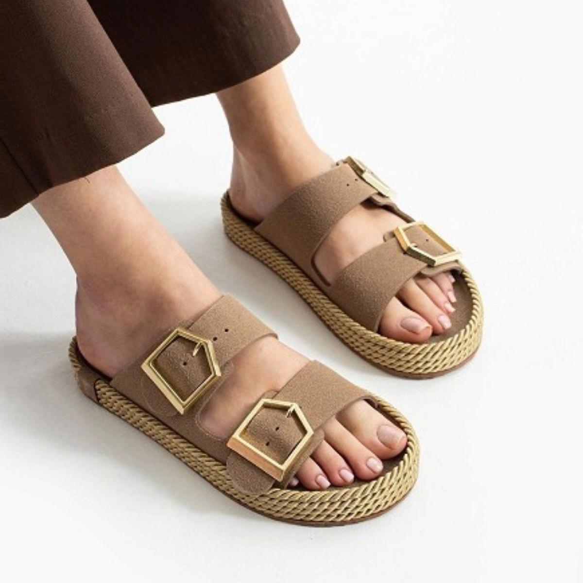 Loera Vizon Nubuk Çift Tokalı Terlik