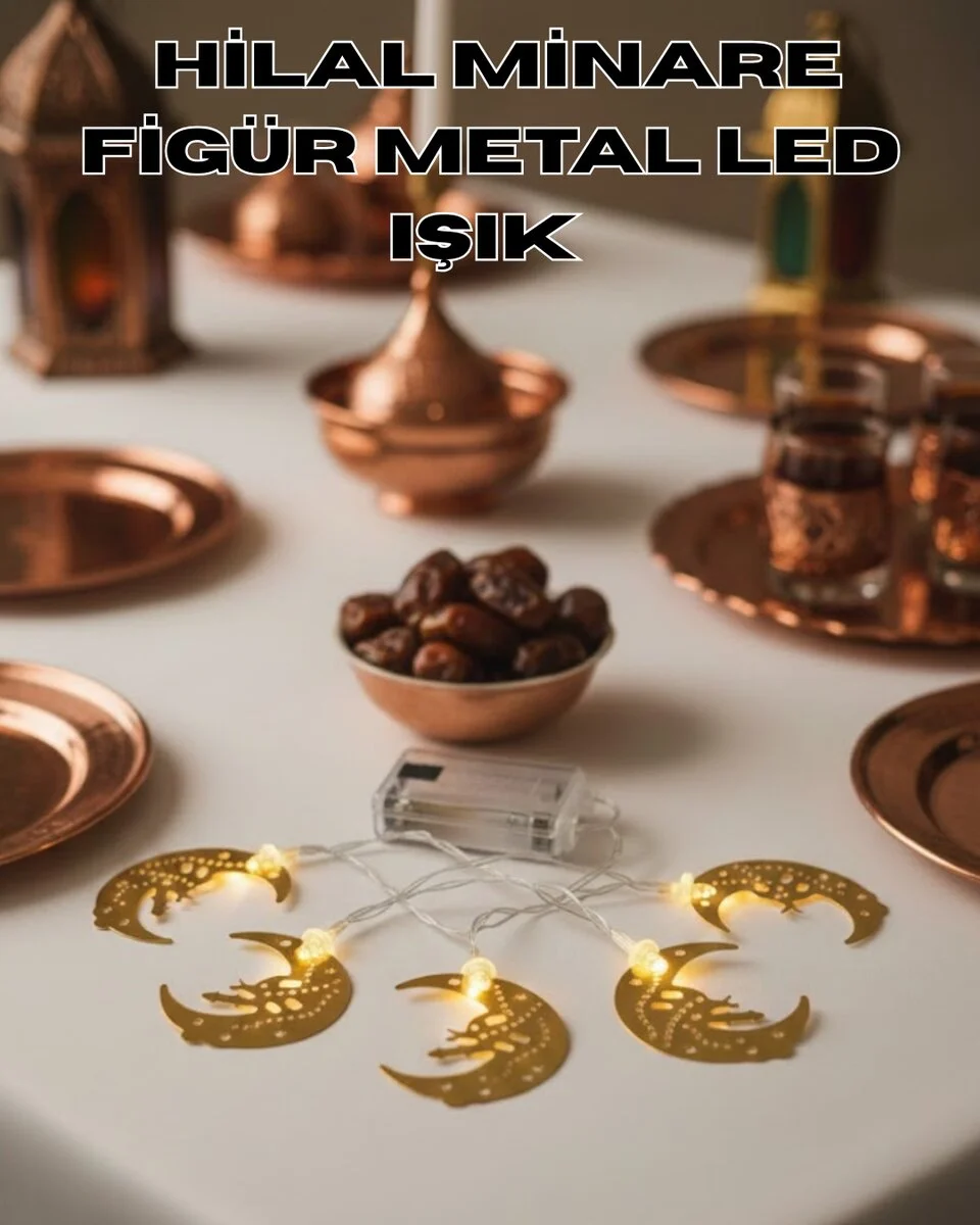 Minareli Hilal LED Işık Gold Metal Gövdeli Pilli Ramazan Dekoru