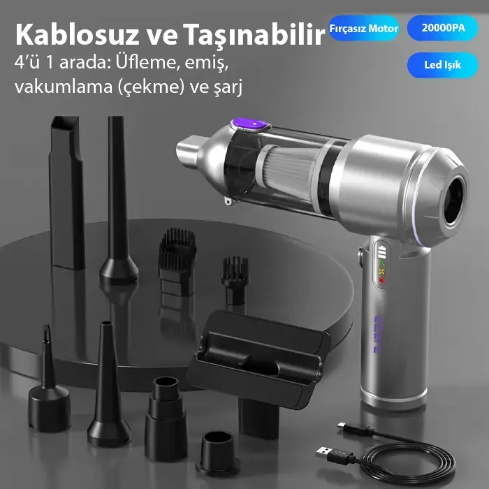 EZERE Vacpro 20000pa Güçlü Dijital Göstergeli Vakumlu Kablosuz Üflemeli Mini Araç Süpürgesi-(5775)