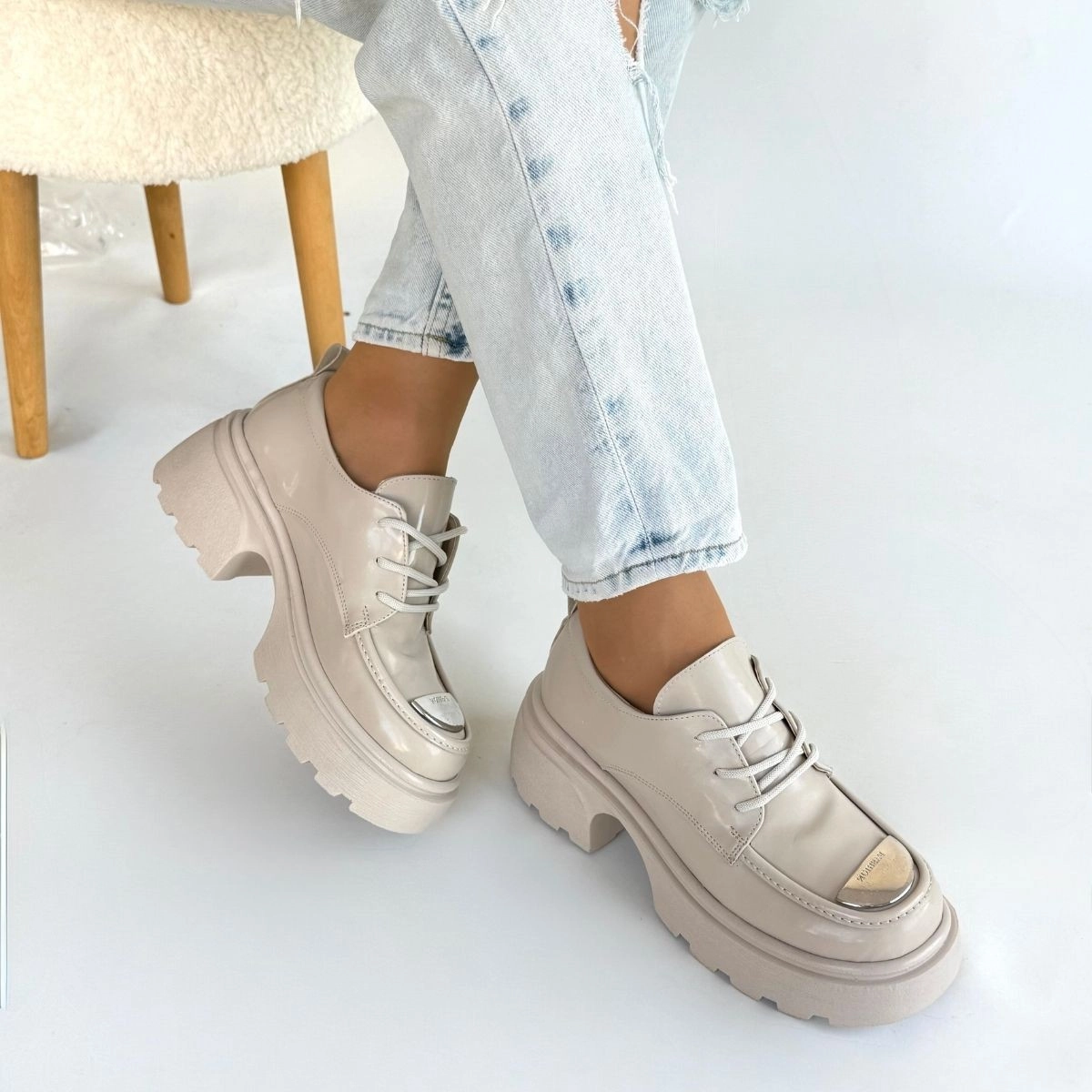 Kiya Bej Rugan Dolgu Topuk Oxford Ayakkabı