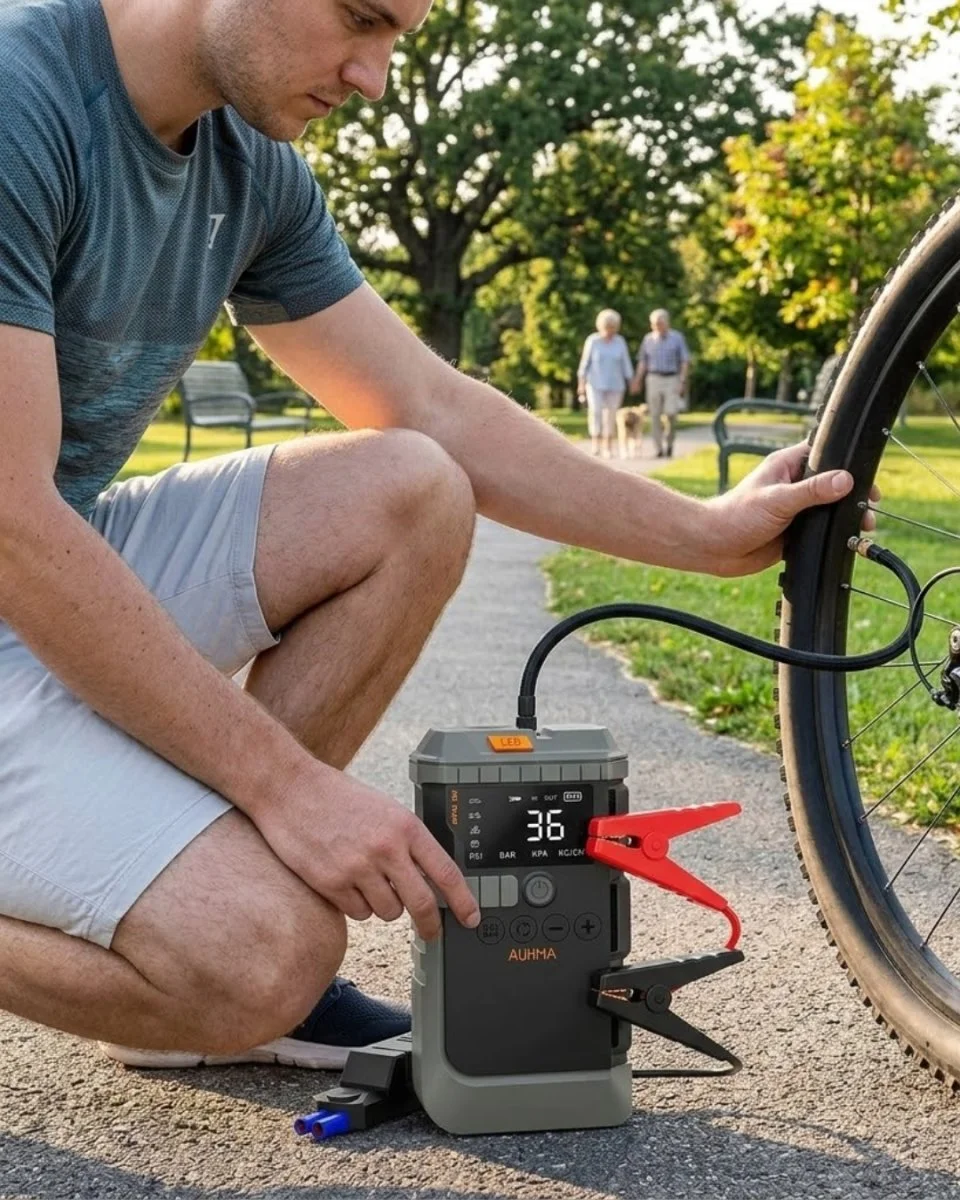 Araç Lastik Basınç Pompası Akü Takviye Powerbank ve SOS Işıklı Çok Fonksiyonlu Cihaz
