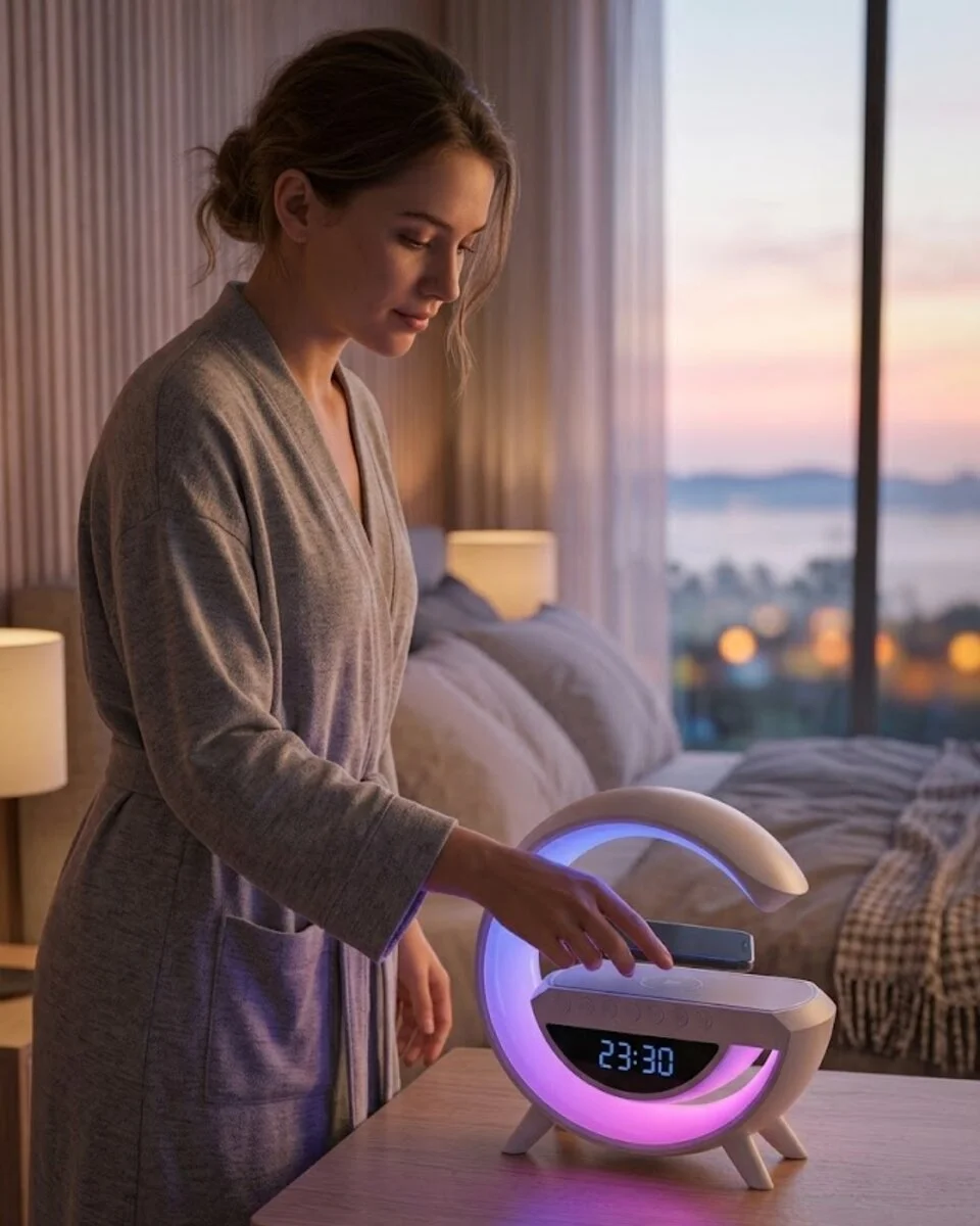 Çok Fonksiyonlu Kablosuz Şarjlı Saat Hoparlör RGB Işık ve Alarm Özellikli