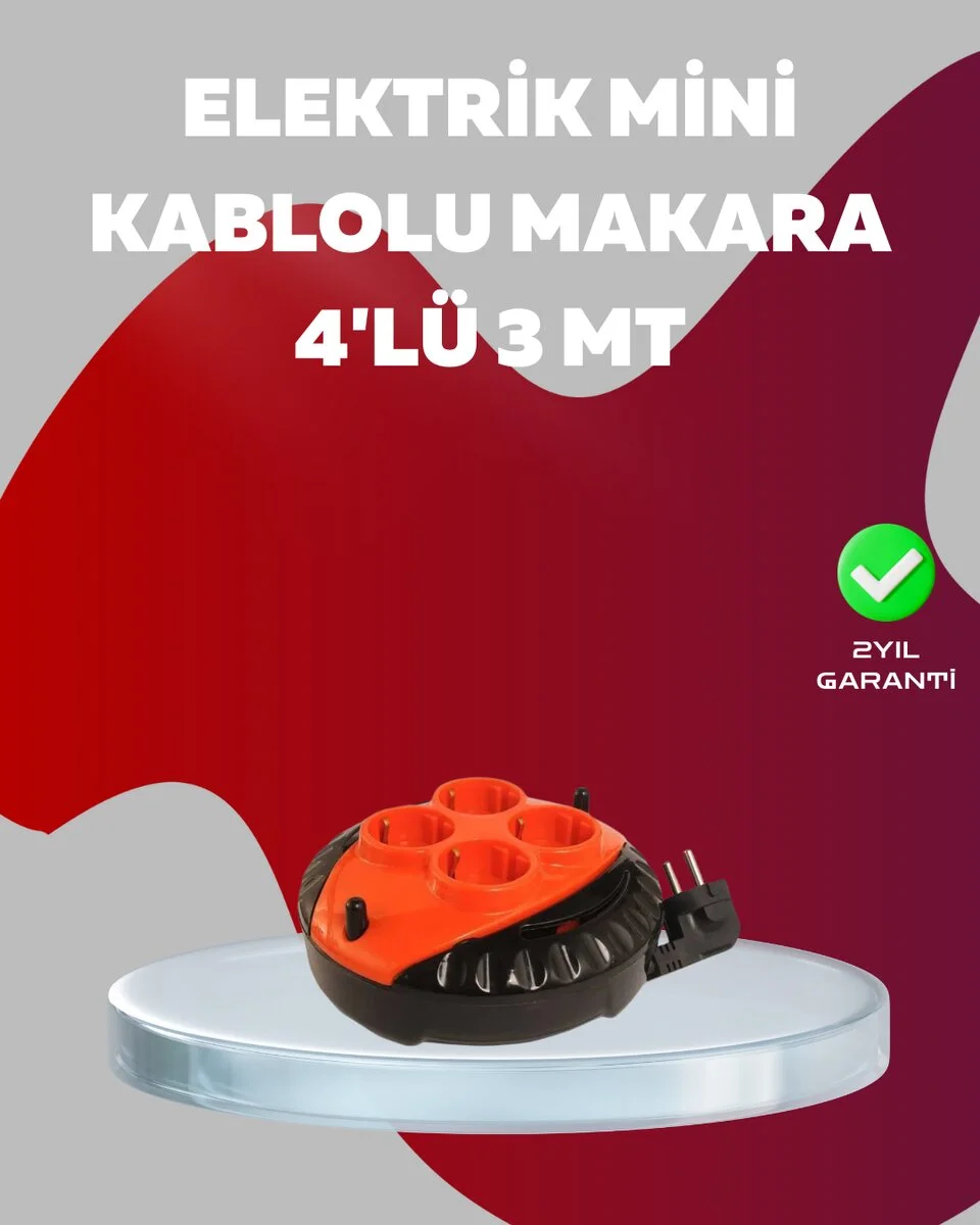 3 Metre Kablolu 4’lü Kırmızı Priz Makara