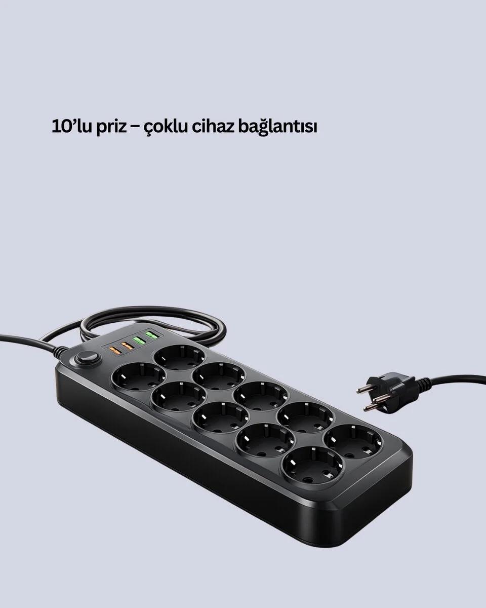 Termal Akım Korumalı 10’lu Grup Priz USB Type-C Hızlı Şarj 2500W 2m Kablo