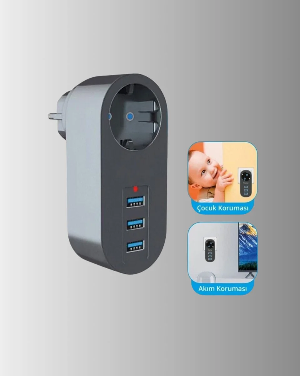 2500W Güç Destekli Akım Korumalı Priz – 3 USB Çıkışlı