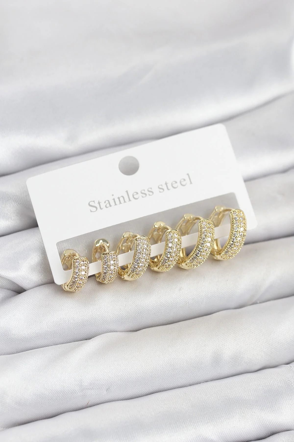 316L Çelik Gold Renk Zirkon Taşlı Halka Küpe Seti