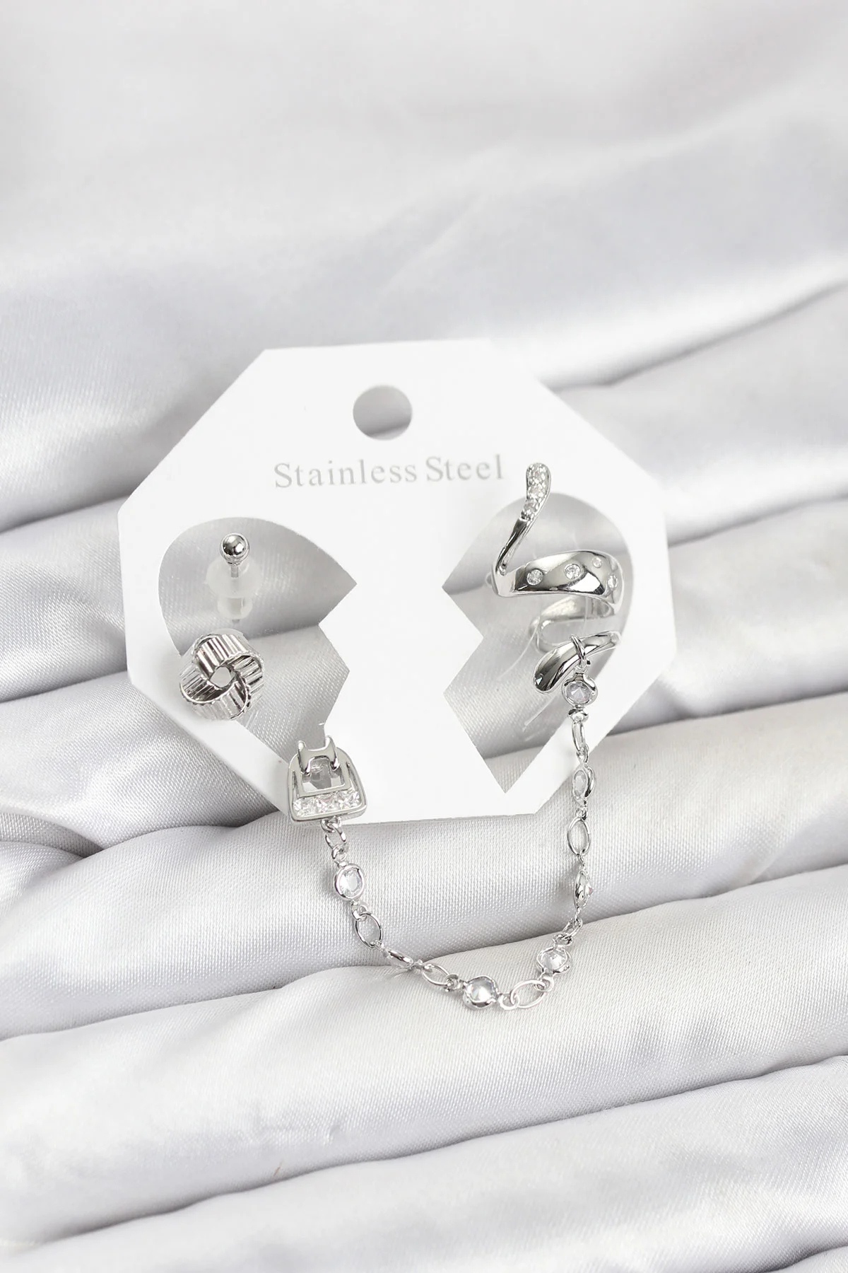 Pirinç Gümüş Renk Yılan Model Zincir Bağlantılı Ear Cuff Küpe Seti