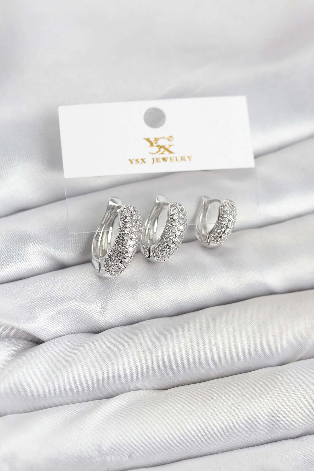 Pirinç Gümüş Renk Zirkon Taşlı Halka Model YSX Trio Küpe Seti