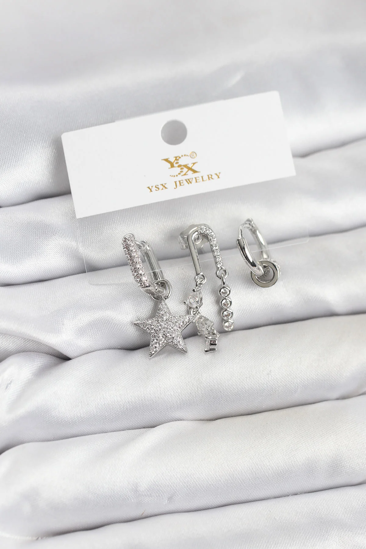 Pirinç Gümüş Renk Zirkon Taşlı Yıldız Vintage Model YSX Trio Küpe Seti