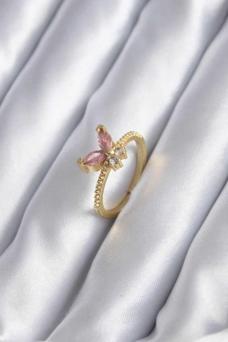 Gold Renk Pembe Zirkon Taşlı Kelebek Model Kadın Yüzük 5886