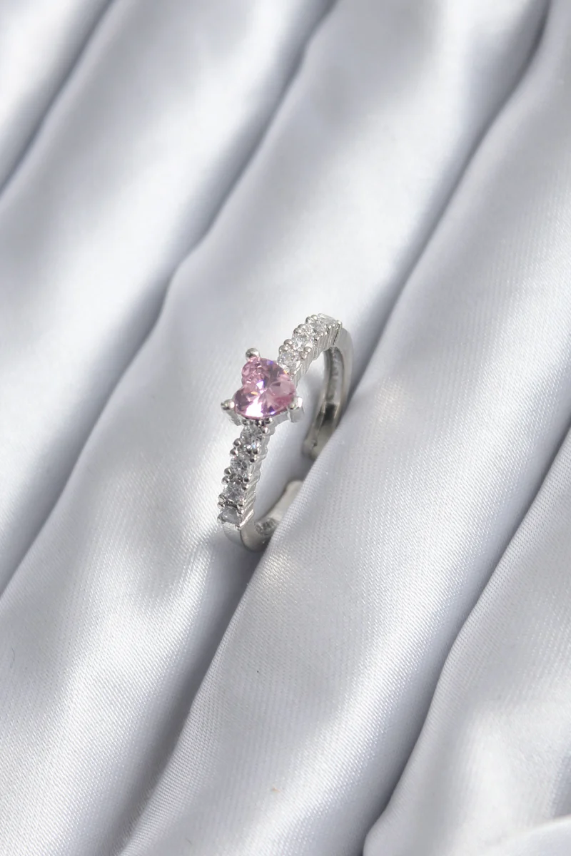 Gümüş Renk Zirkon Taşlı Pembe Kristal Kalp Model Kadın Yüzük 5886