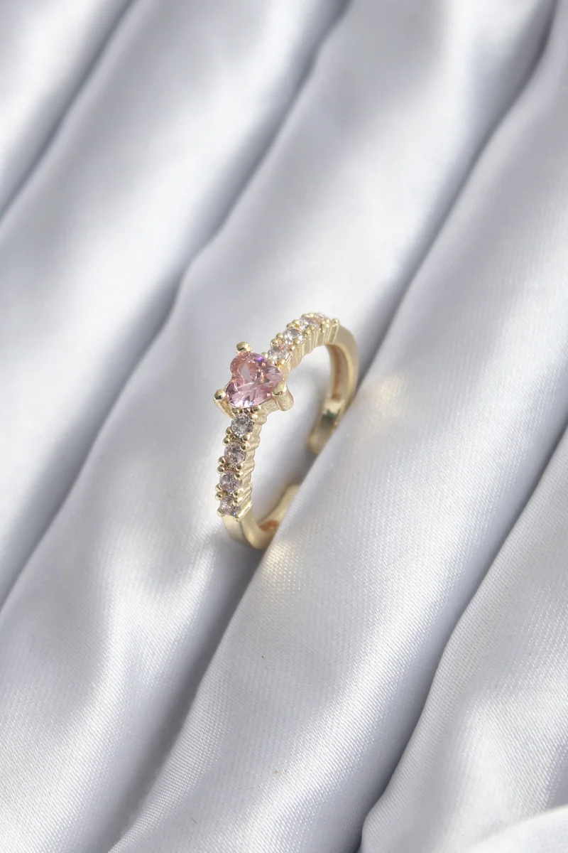 Gold Renk Zirkon Taşlı Pembe Kristal Kalp Model Kadın Yüzük 5886