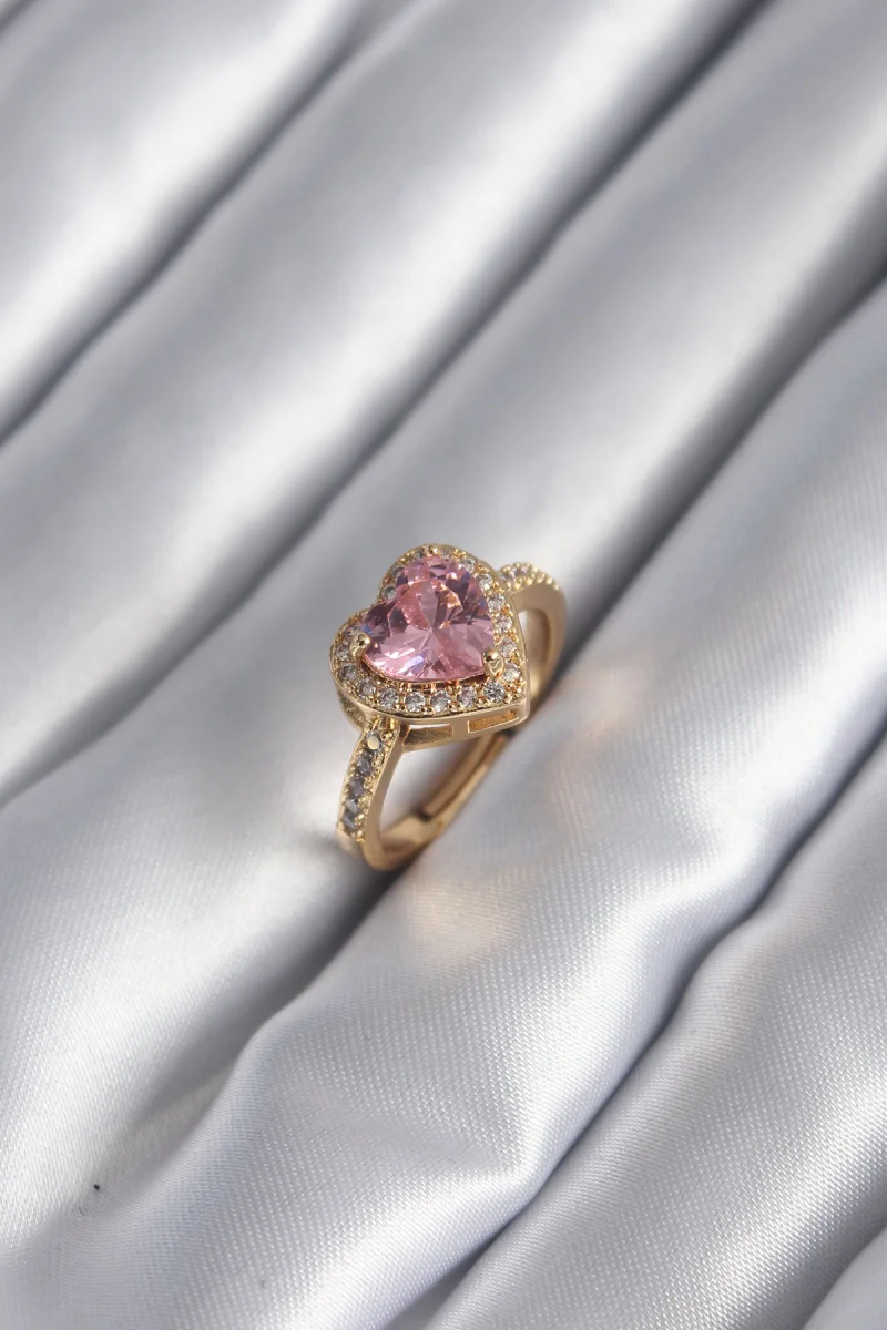 Pirinç Gold Renk Pembe Zirkon Taşlı Charm Kalp Model Kadın Yüzük 5886