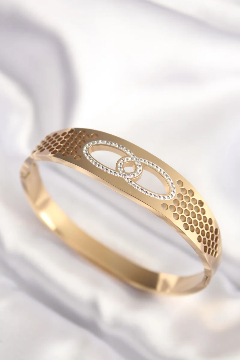 316L Çelik Gold Renk Zirkon Taşlı Kadın Kelepçe Bilezik 5886