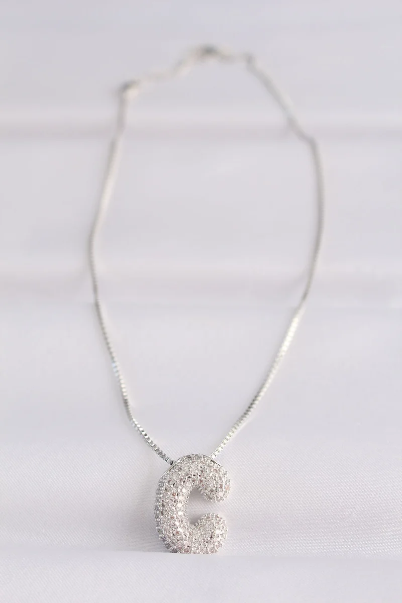 316L Çelik Zincirli Zirkon Taşlı C Harfli Silver Renk Bubble Kolye 5886