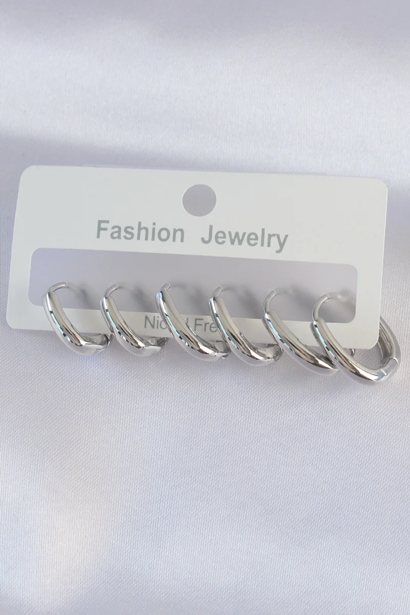 Pirinç Gümüş Renk Oval Küpe Seti 5886