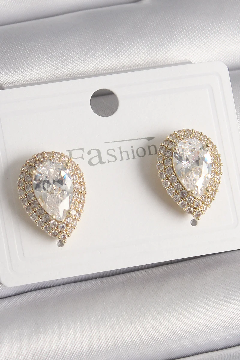 Pirinç Gold Renk Zirkon Taşlı Damla Model Kadın Küpe 5886