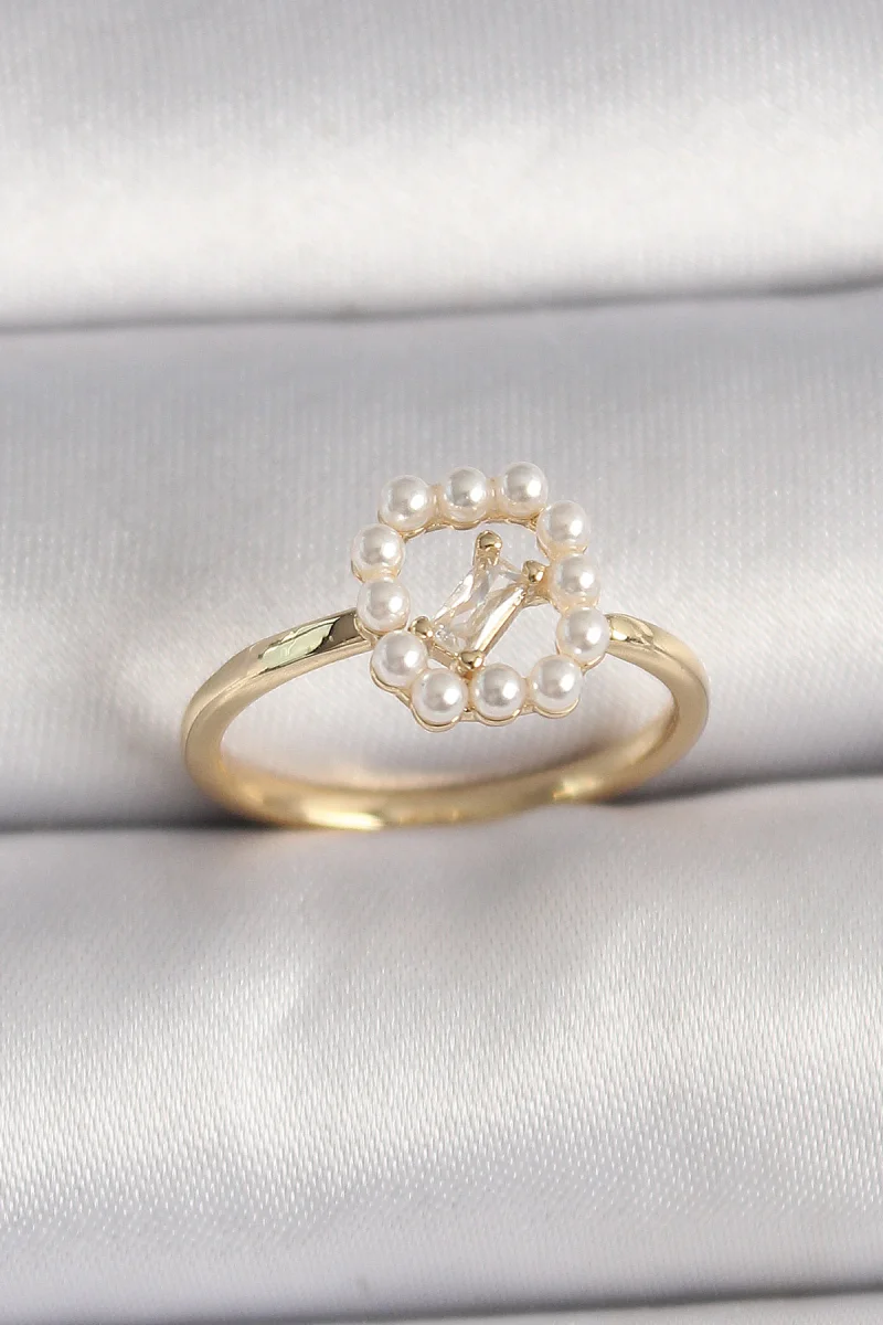 Pirinç Gold Renk Zirkon Taş Detaylı İncili Ayarlanabilir Yüzük 5886