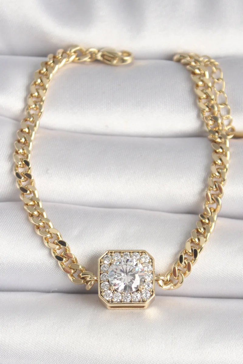 Pirinç Gold Renk Zincir Kare Zirkon Taş Model Xuping VIP Seri Kadın Bileklik 5886