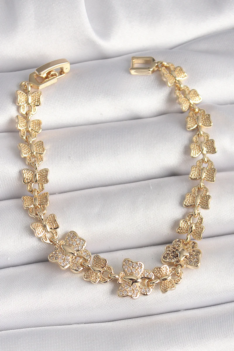 Pirinç Gold Renk Zirkon Taşlı Kelebek Model Zincir Kadın Bileklik 5886