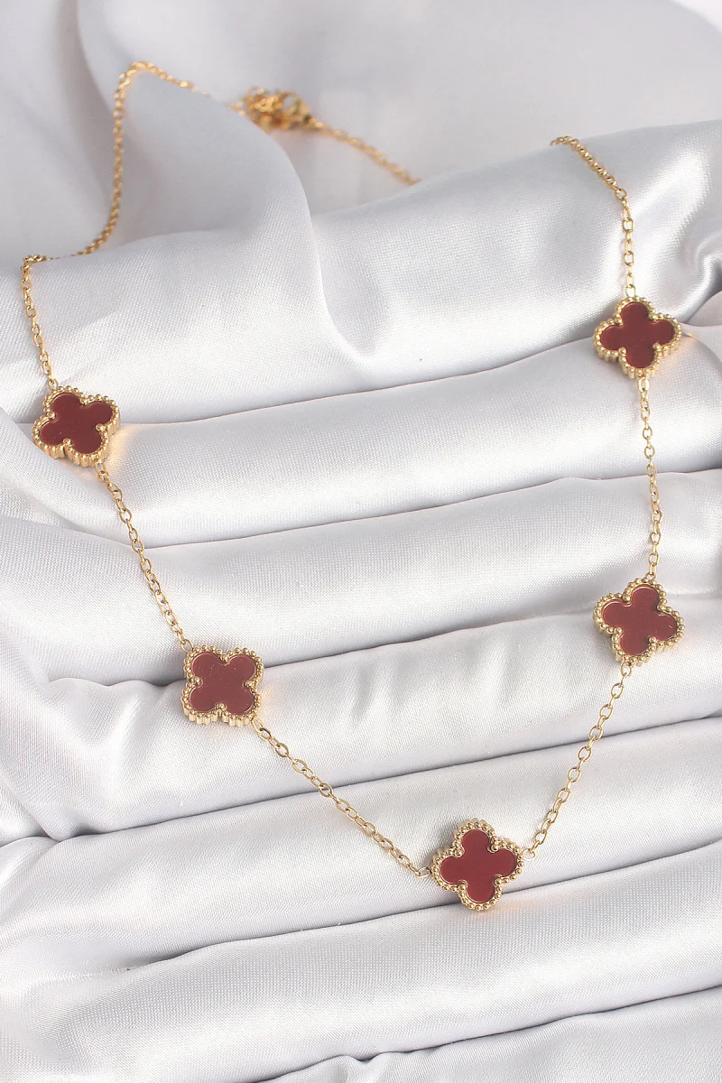 316L Çelik Gold Renk Zincir Bordo Yonca Model Kadın Kolye 5886
