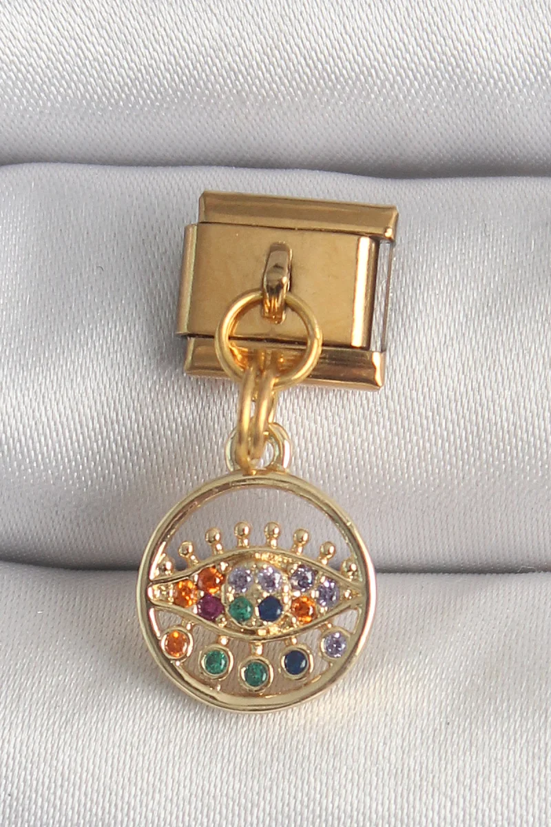 316L Çelik Gold Renk Sallantı Renkli Zirkon Taşlı Göz Model Nomination Charm 5886