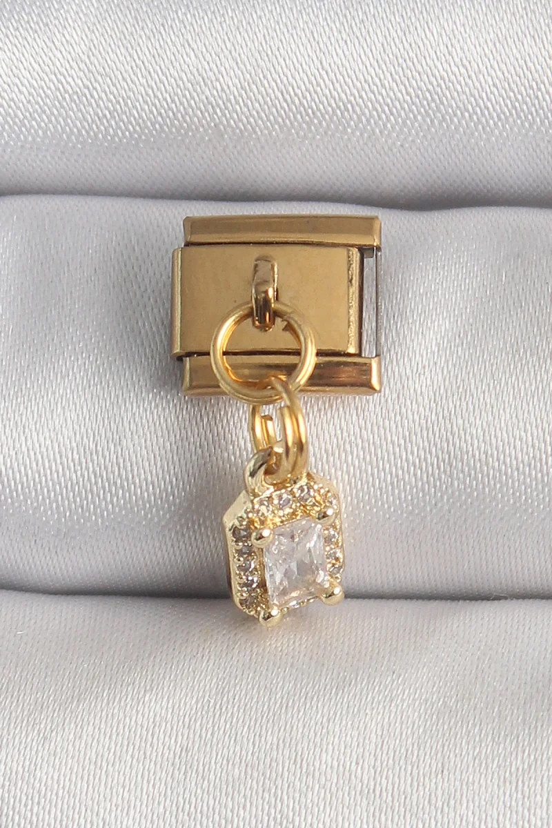 316L Çelik Gold Renk Sallantı Zirkon Taşlı Kare Model Nomination Charm 5886