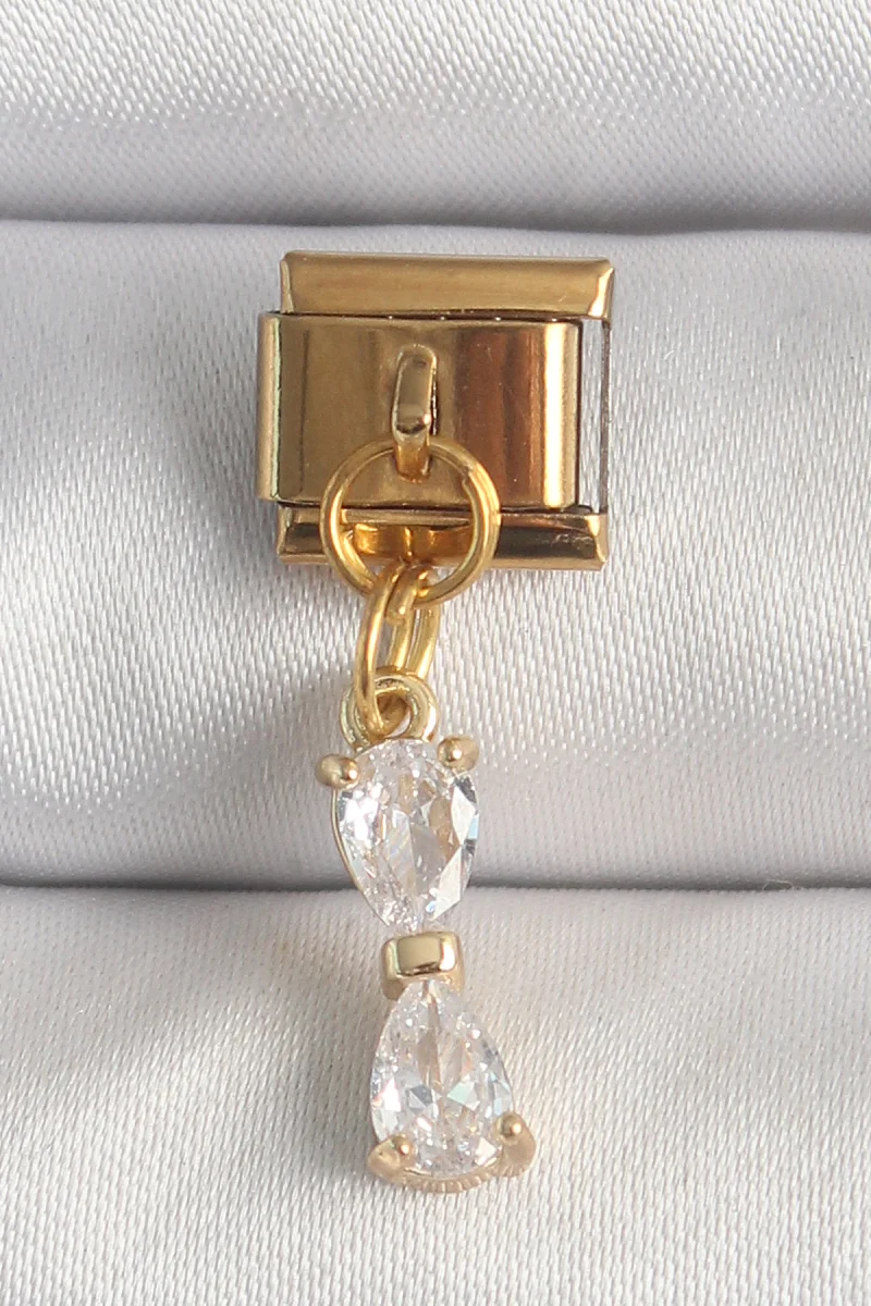316L Çelik Gold Renk Sallantı Zirkon Taşlı Kurdele Model Nomination Charm 5886