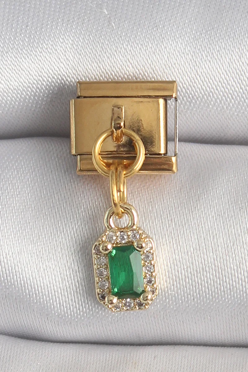 316L Çelik Gold Renk Sallantı Kare Yeşil Zirkon Taşlı Nomination Charm 5886