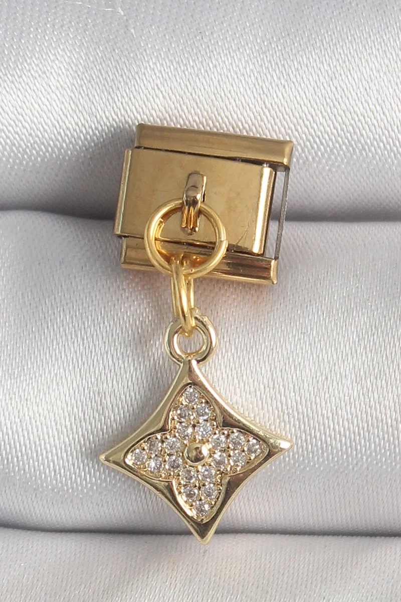 316L Çelik Gold Renk Sallantı Zirkon Taşlı Çiçek İşlemeli Nomination Charm 5886