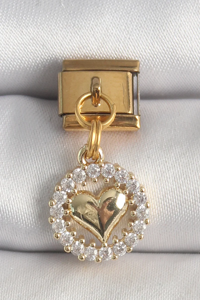 316L Çelik Gold Renk Sallantı Zirkon Taşlı Kalp Model Nomination Charm 5886